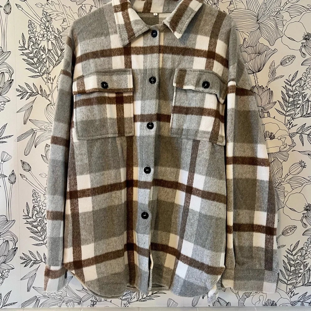 Plaid Button-Up Shaket - Gray and Brown - Picture 1 of 7
